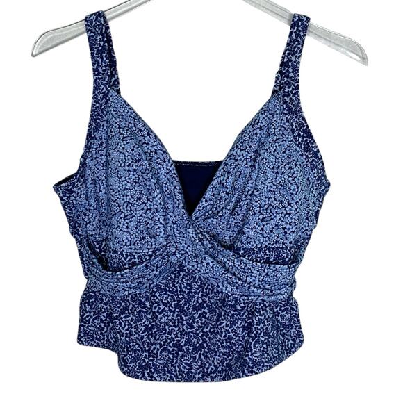 Lands End 14L NEW Womens V Neck Wrap Midkini Top Deep Sea Navy Ditsy Lilies - Picture 2 of 10